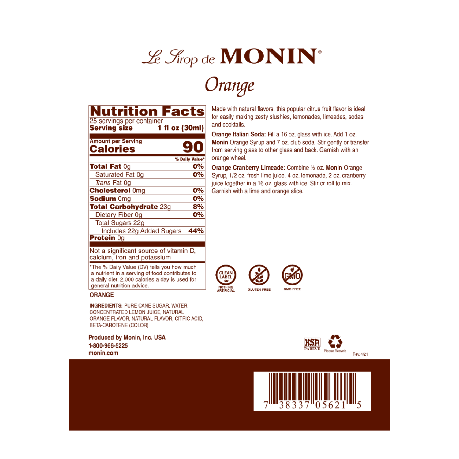 Monin Orange Syrup, 750ML (12 count); M-AR034A