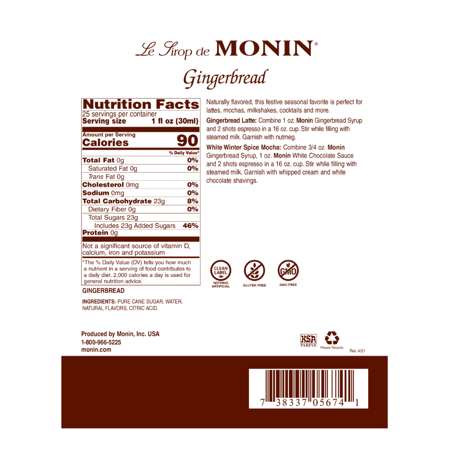 Monin Gingerbread Syrup, 750ML (12 count); M-AR060A