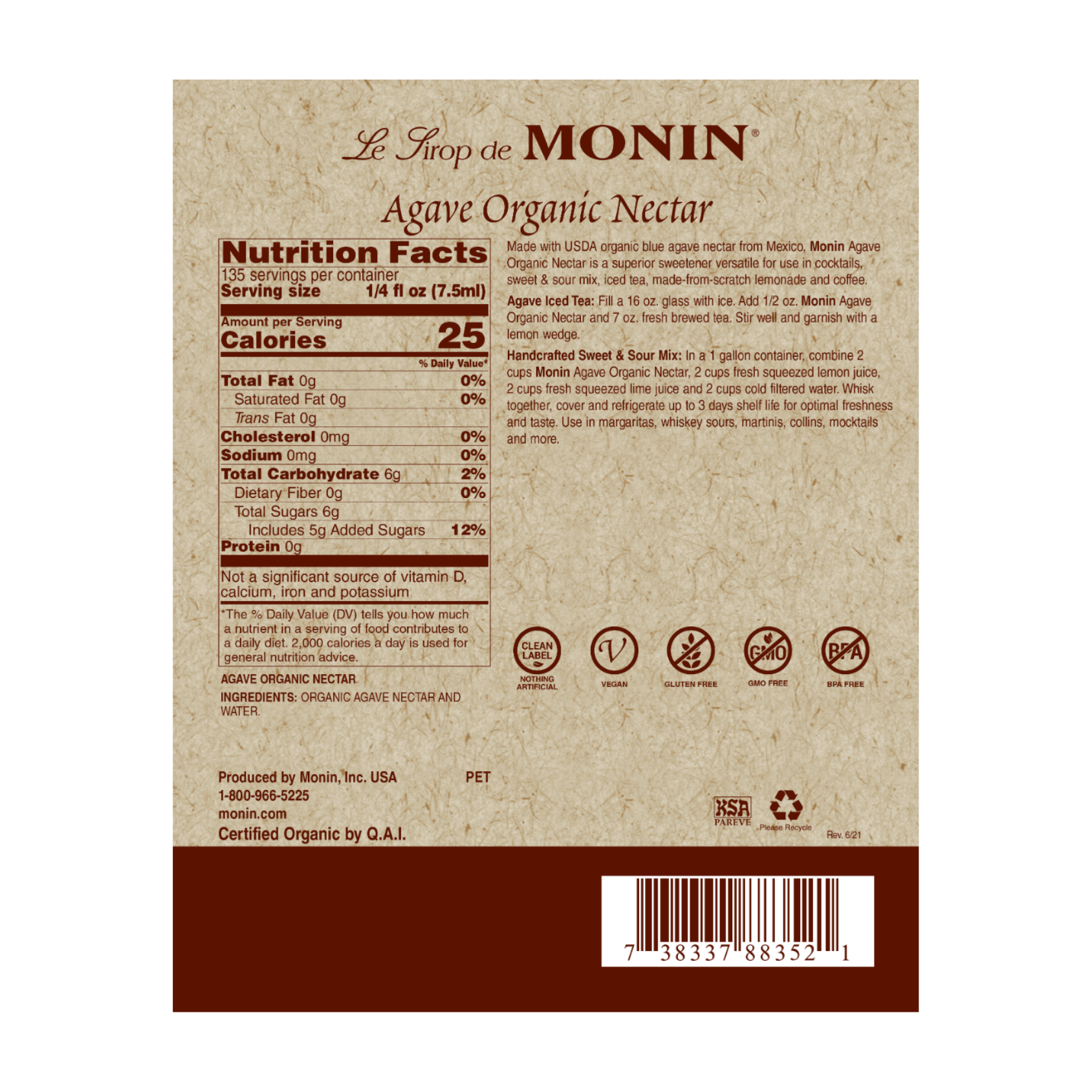 Monin Organic Agave Syrup, 1L (4 count); M-FL157F