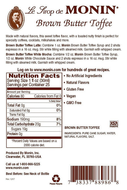 Monin Brown Butter Toffee Syrup, 750ML (12 count); M-AR275A