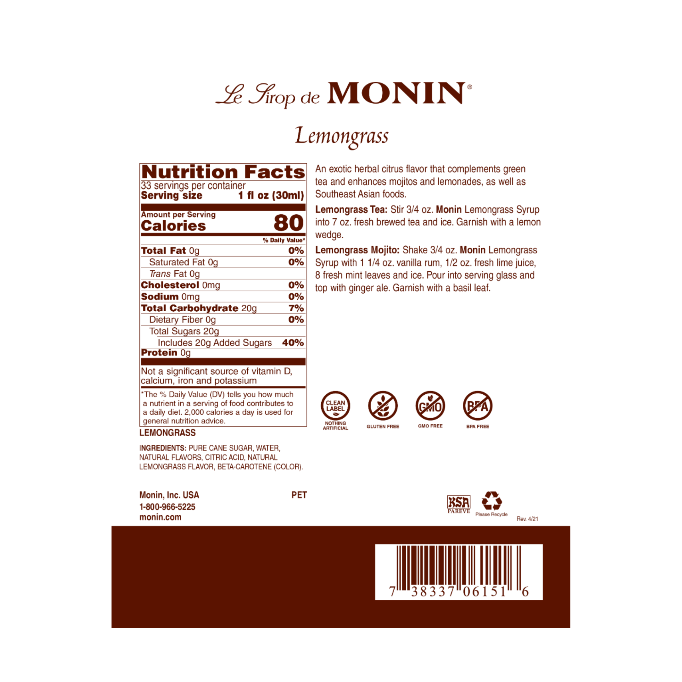 Monin Lemongrass Syrup, 1L (4 count); M-FR070F
