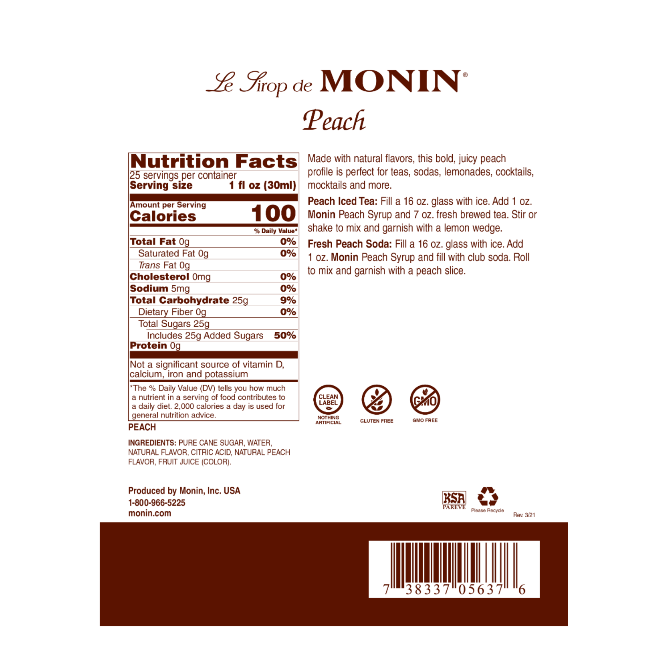 Monin Peach Syrup, 750ML (12 count); M-AR036A