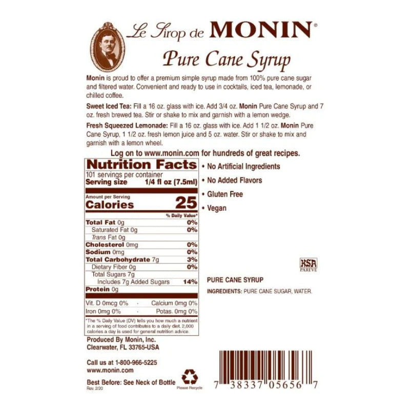 Monin Pure Cane Syrup, 750ML bottle (12 count); M-AR000A