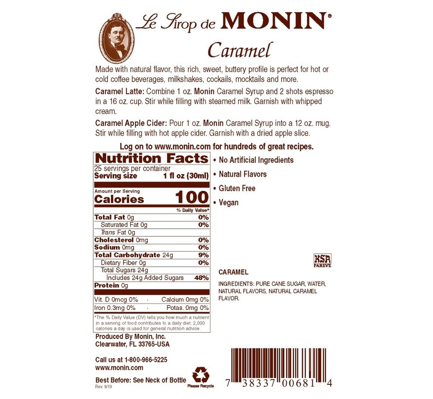 Monin Caramel Syrup, 750ML bottle (12 count); M-AR009A